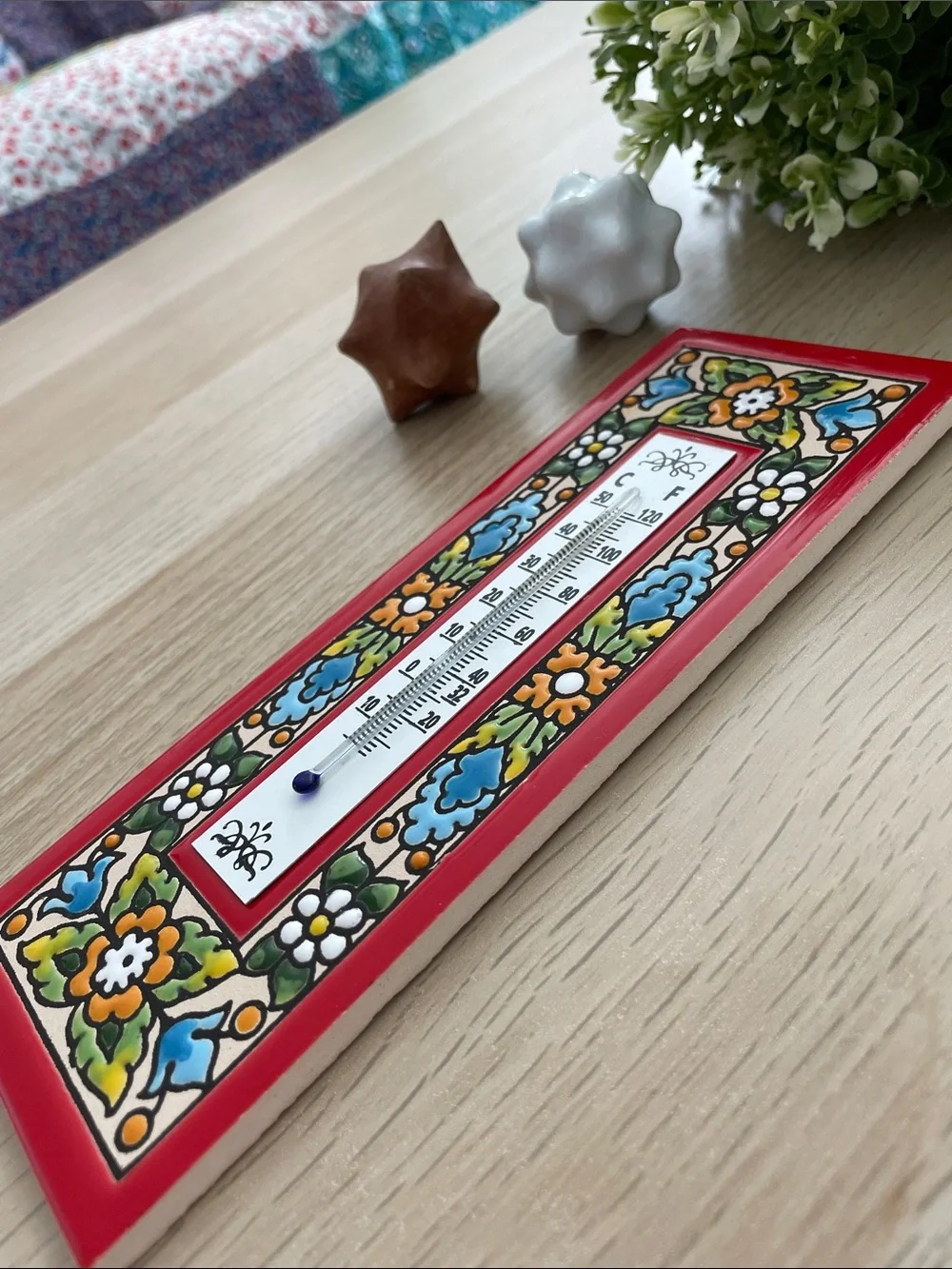 Vintage Spanish Ceramic Tile Wall Thermometer 🌡️ Floral Hand Painted Decor
